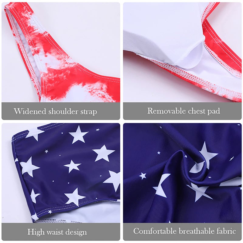 Adisputent Womens High Waisted Swimsuits Tie Dye Bandeau Top Rainbow Sports Style Low Scoop Crop Bikini Two Piece Bathing Suits,America Flag,M - Image 4